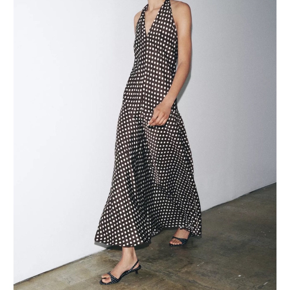 Zara brown and White Polka Dot Maxi Dress
